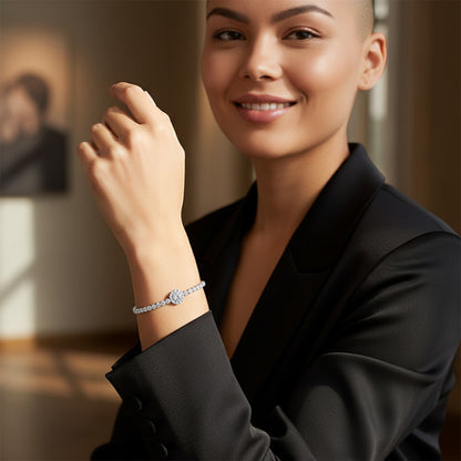 Perlizia 0.5ct Moissanite halo tennis bracelet in platinum-plated S925 sterling silver with adjustable clasp and heart charm.