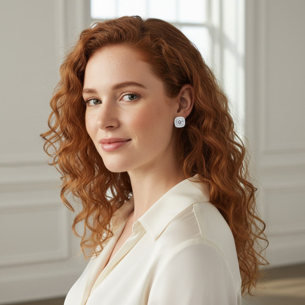 Perlizia platinum-plated S925 sterling silver moissanite stud earrings with halo setting, 0.5-2ct.