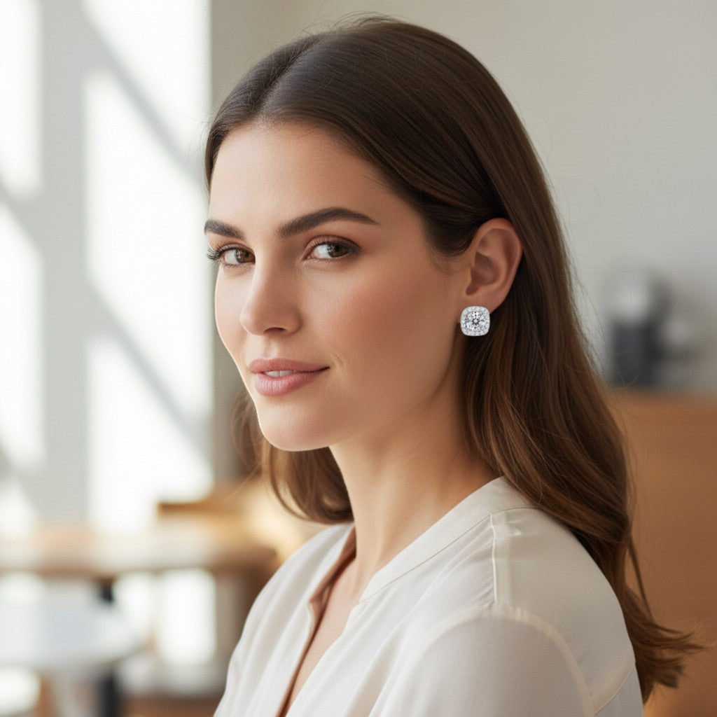 Perlizia platinum-plated S925 sterling silver moissanite stud earrings with halo setting, 0.5-2ct.