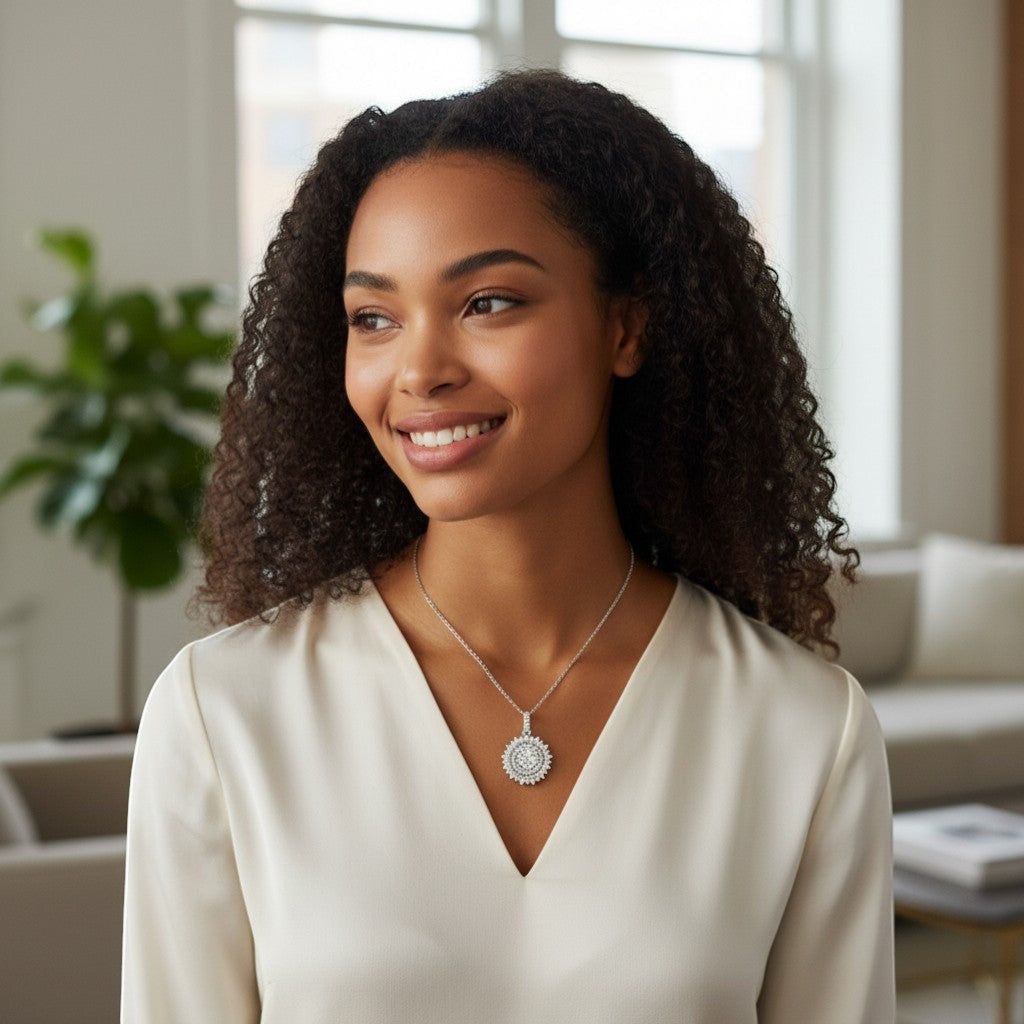 Perlizia 0.5ct Moissanite sunburst pendant necklace in platinum-plated sterling silver with double halo.
