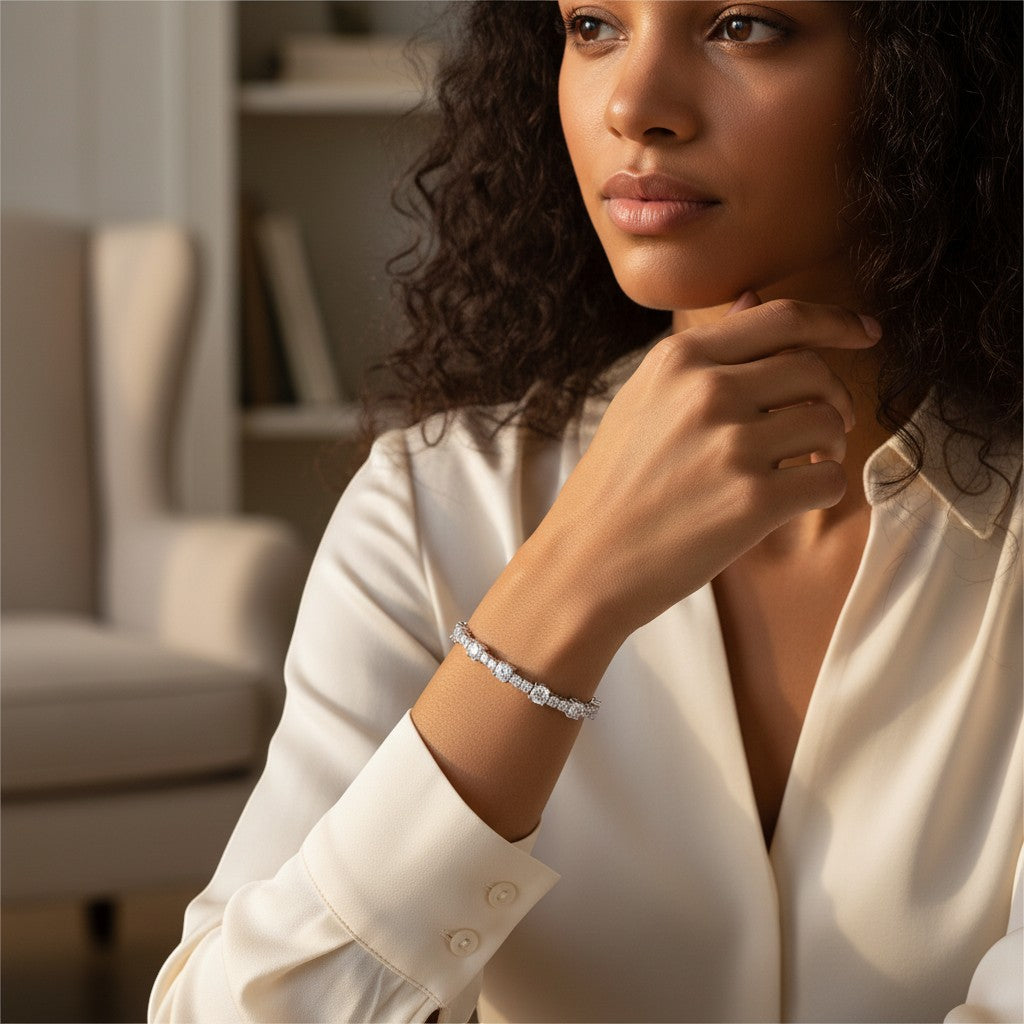 Perlizia platinum-plated S925 sterling silver moissanite tennis bracelet with a secure box clasp.