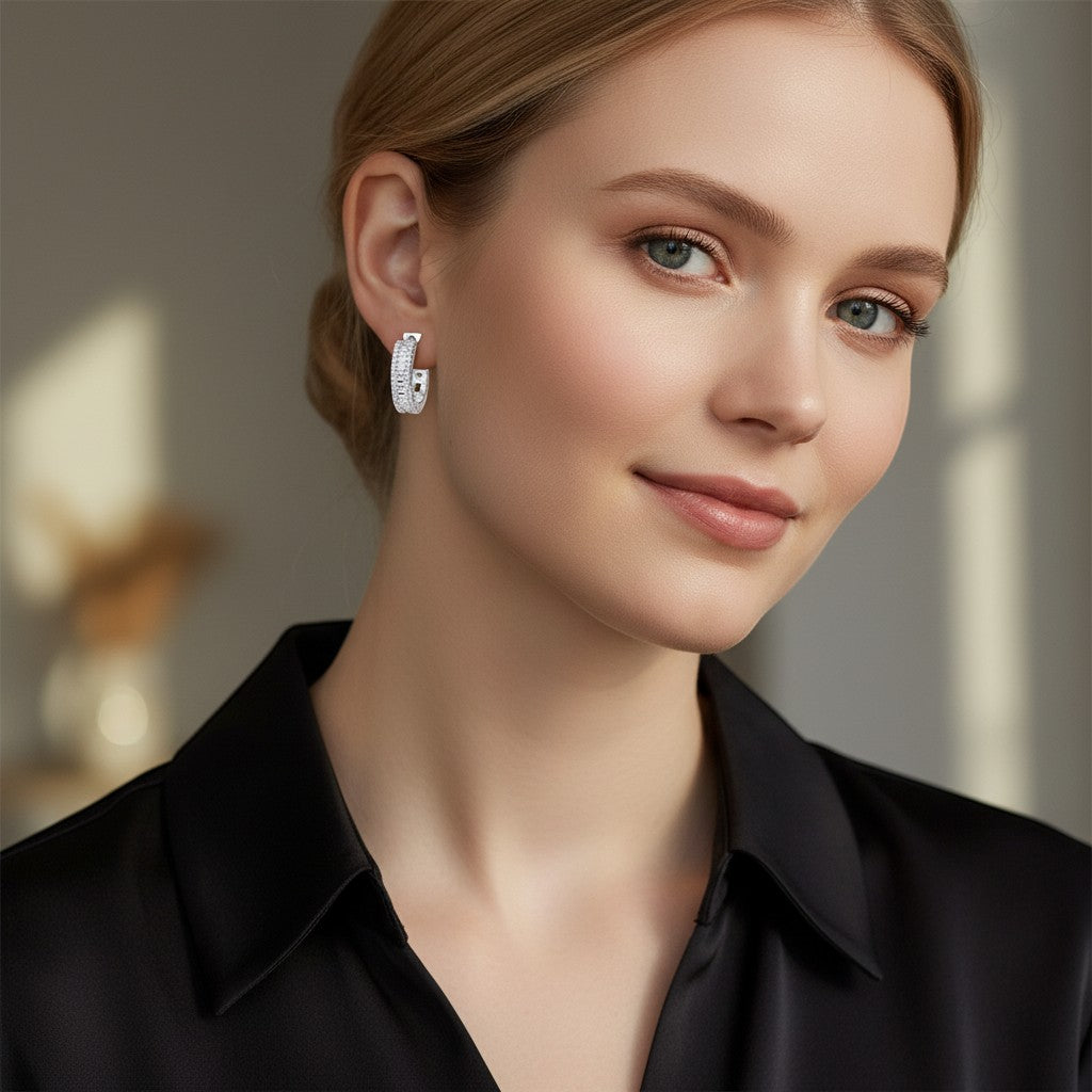 Perlizia triple-row huggie hoop earrings with baguette and round moissanite stones, S925 sterling silver with platinum plating.
