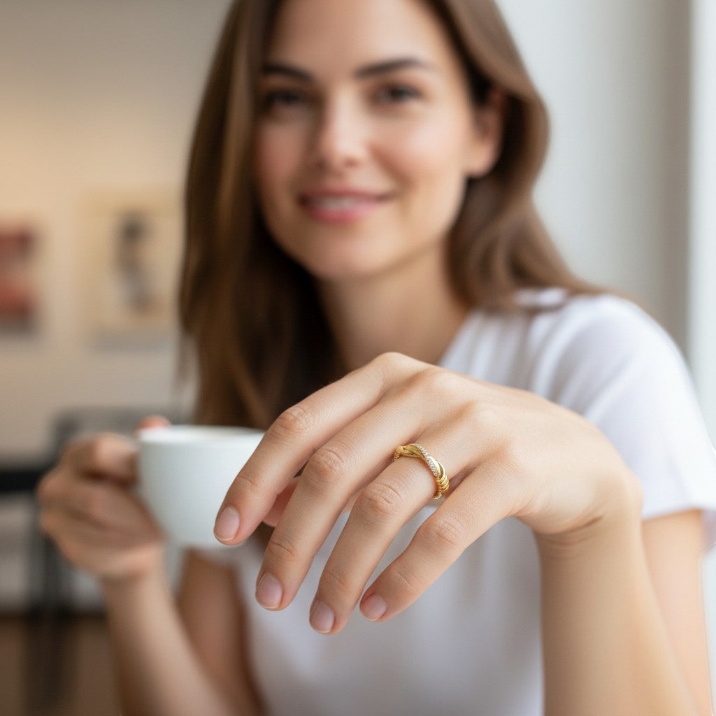 Perlizia gold-plated S925 silver ring with twisted band and pavé moissanite stones.