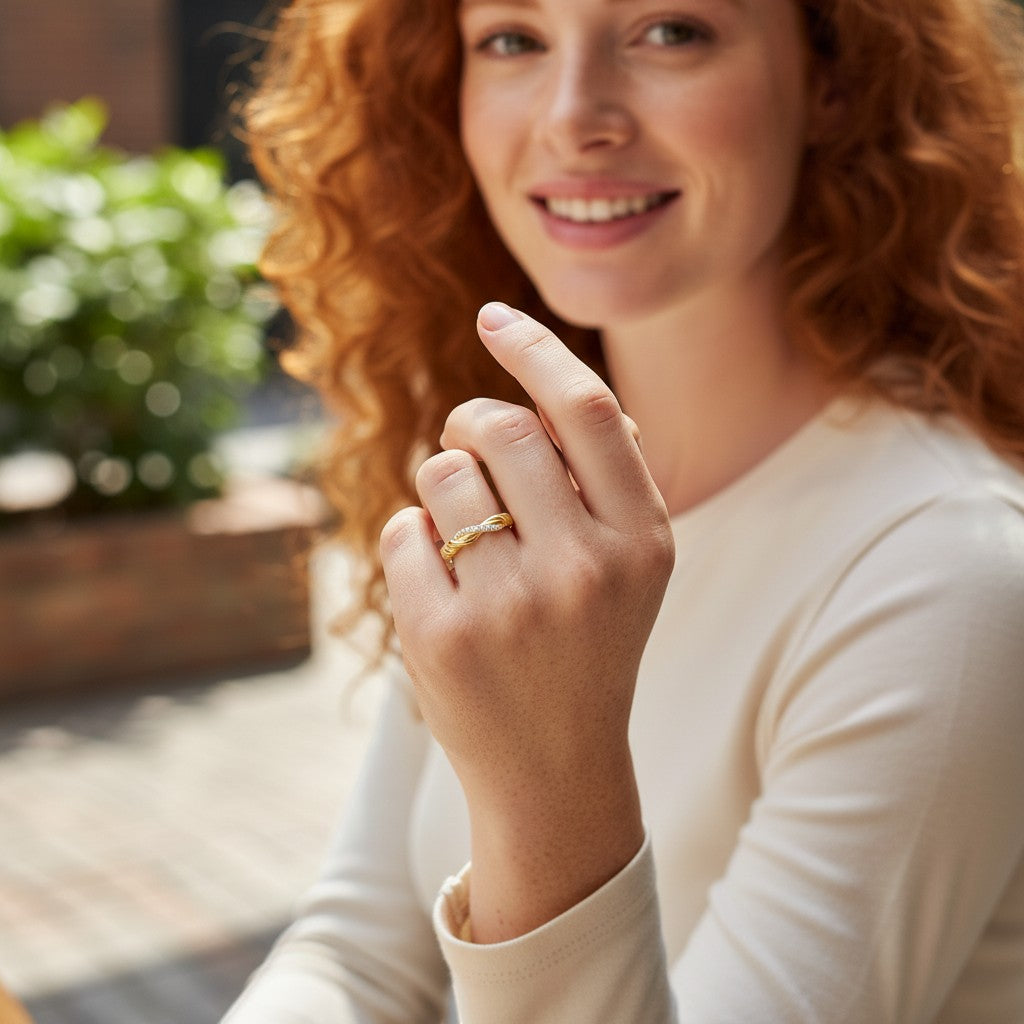 Perlizia 18K gold plated S925 silver ring with twisted band and pavé moissanite stones.