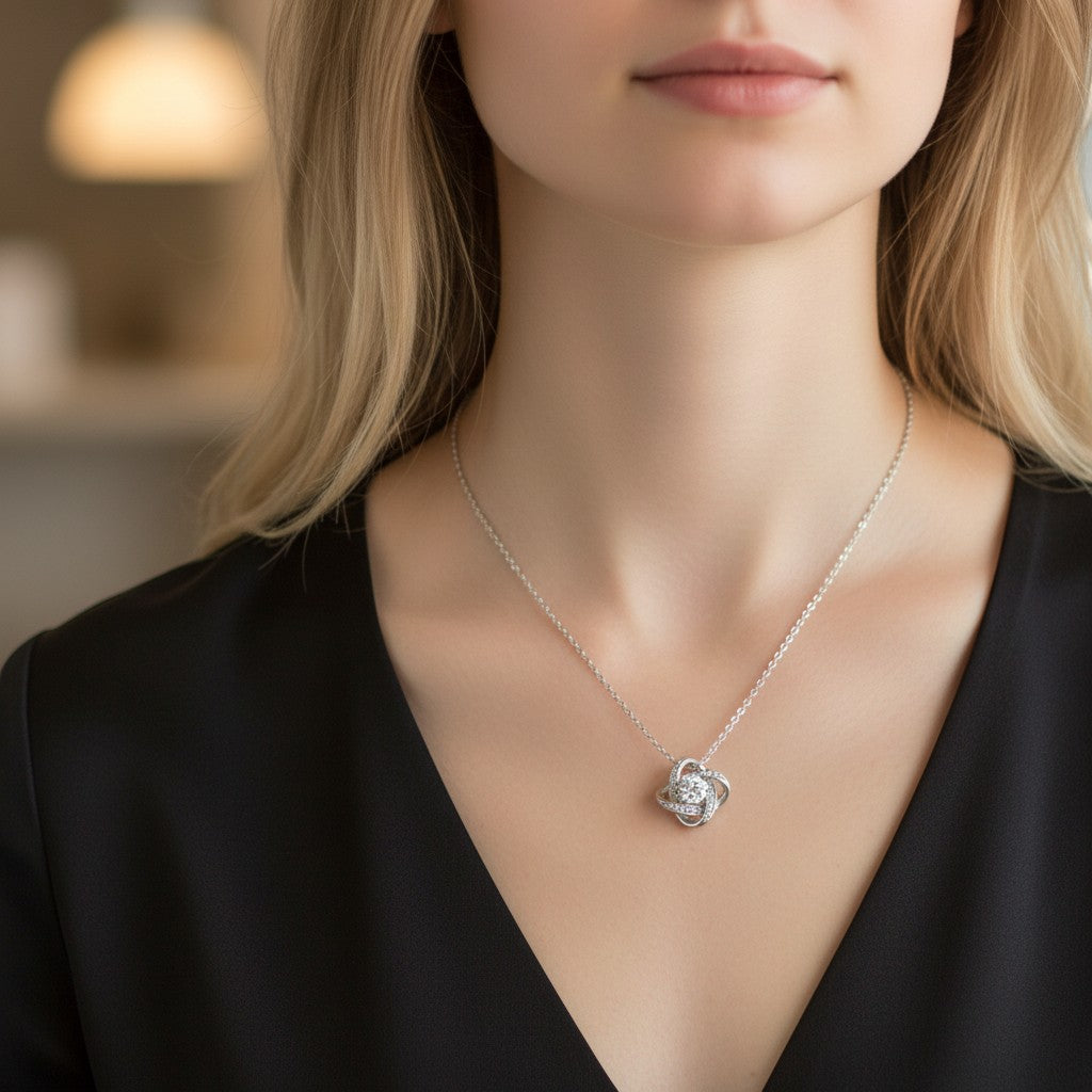 Perlizia white gold plated love knot necklace with cubic zirconia, presented in a gift box with a heartfelt message for Mom.