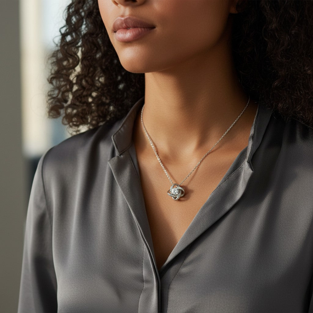 Perlizia white gold plated love knot necklace with cubic zirconia, presented in a gift box with a heartfelt message for Mom.